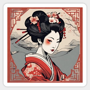 japanese style art geisha kimono portrait Sticker